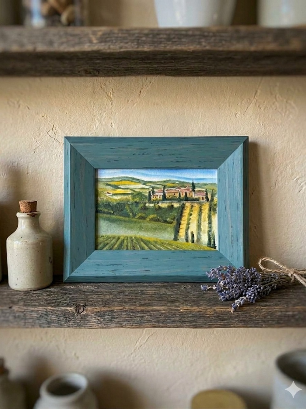 🎨 Original Tuscan Landscape Mini Painting in Distressed Teal Wood Frame
